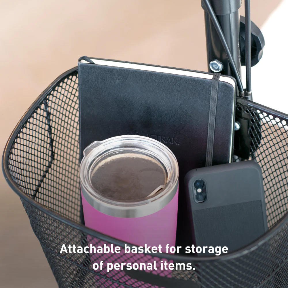 Knee walker with attached mesh basket for storage beside the padded knee platform
