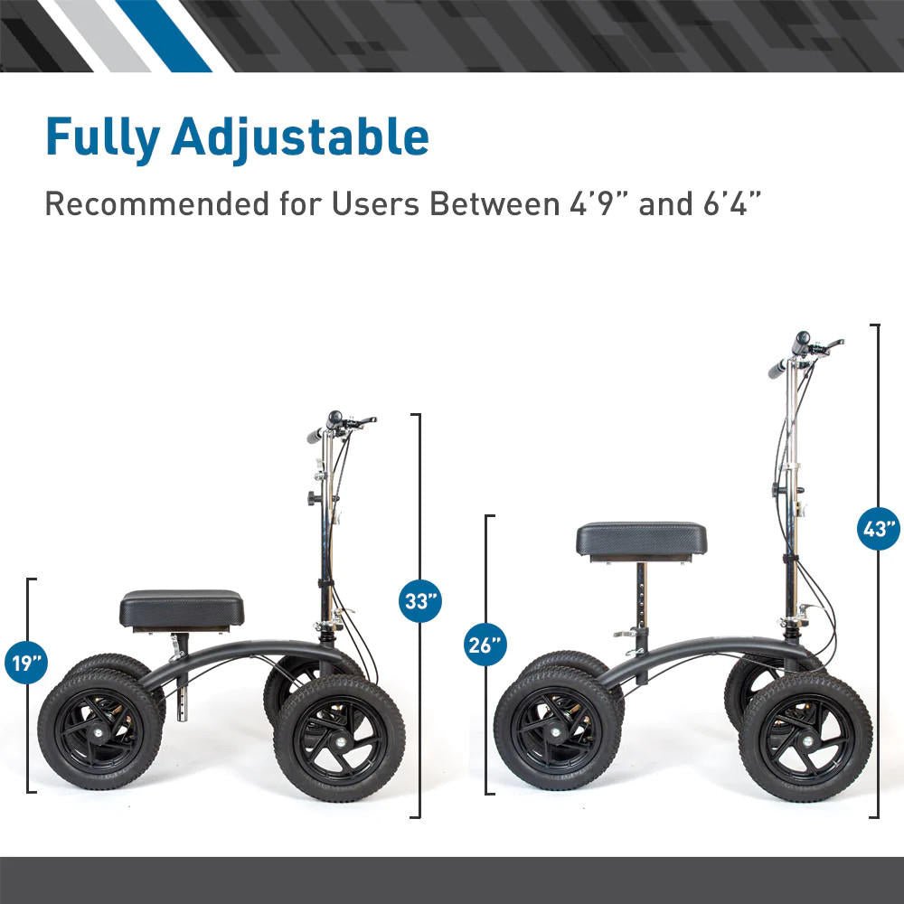 Fully adjustable knee walker shown in two height positions with padded knee support