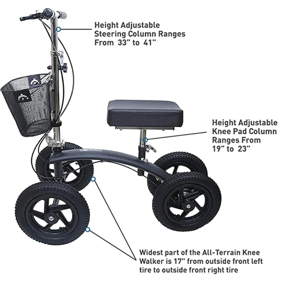 Knee walker with height-adjustable column, wide knee pad, and four all-terrain tires