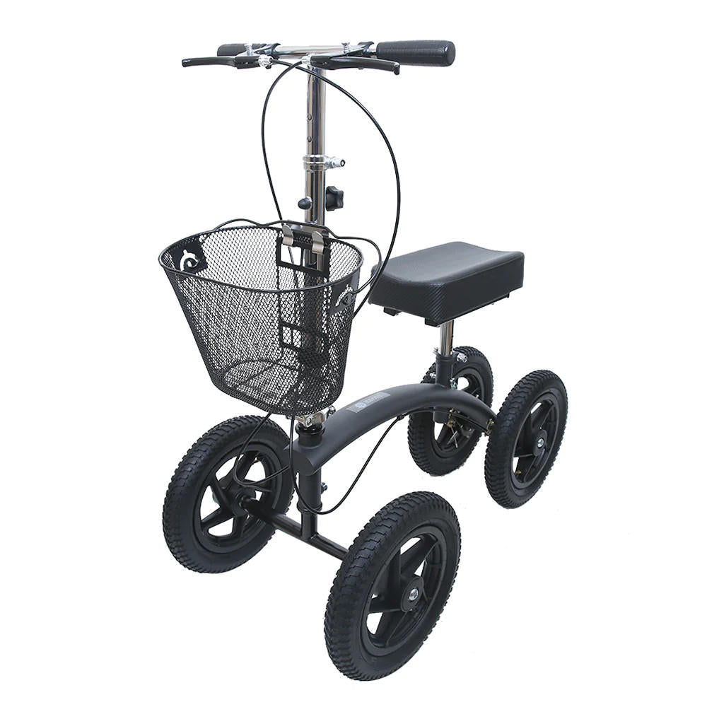 All-terrain knee walker with front basket, adjustable frame, and large tread wheels