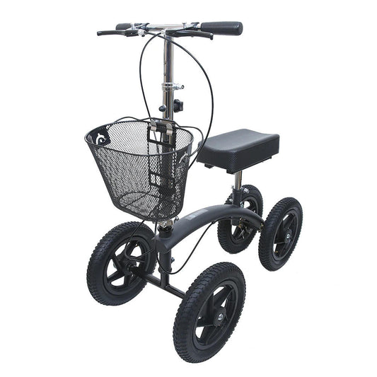All-terrain knee walker with front basket, adjustable frame, and large tread wheels