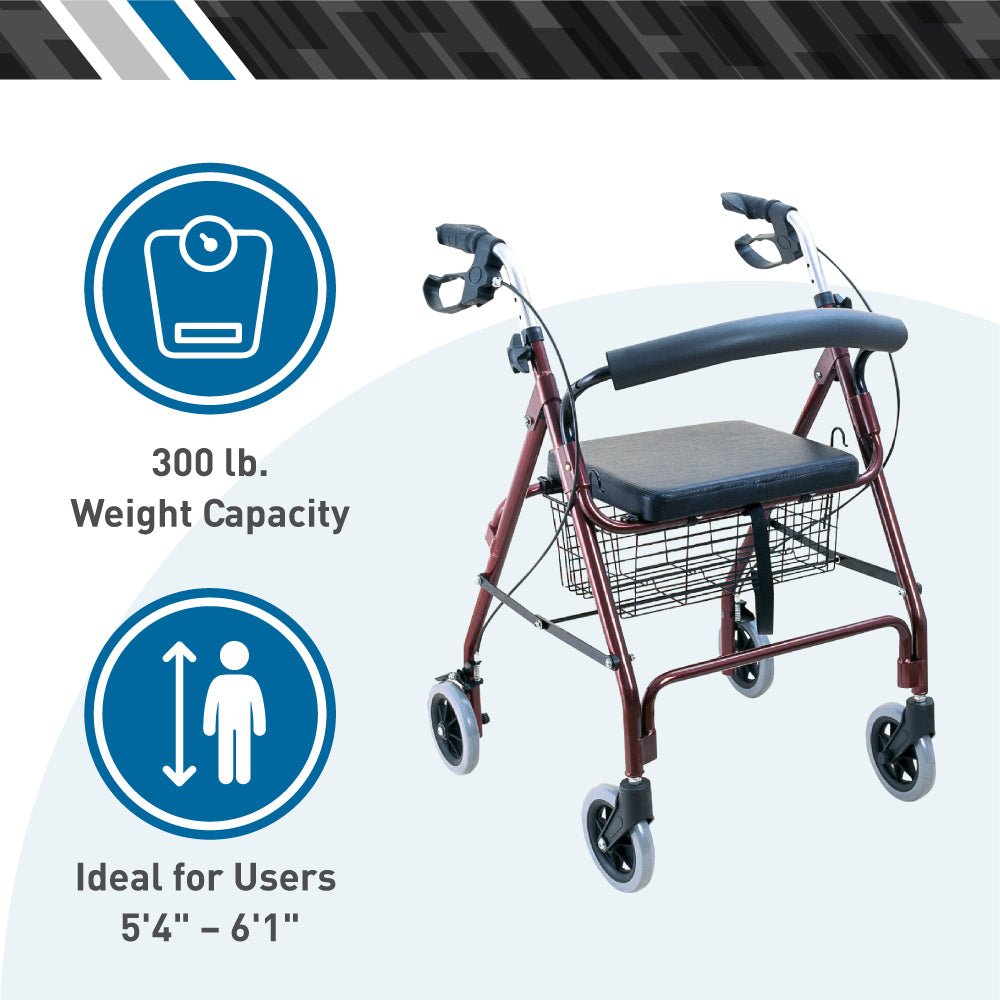 Burgundy rollator with padded seat, wire basket, loop brakes and oversized wheels