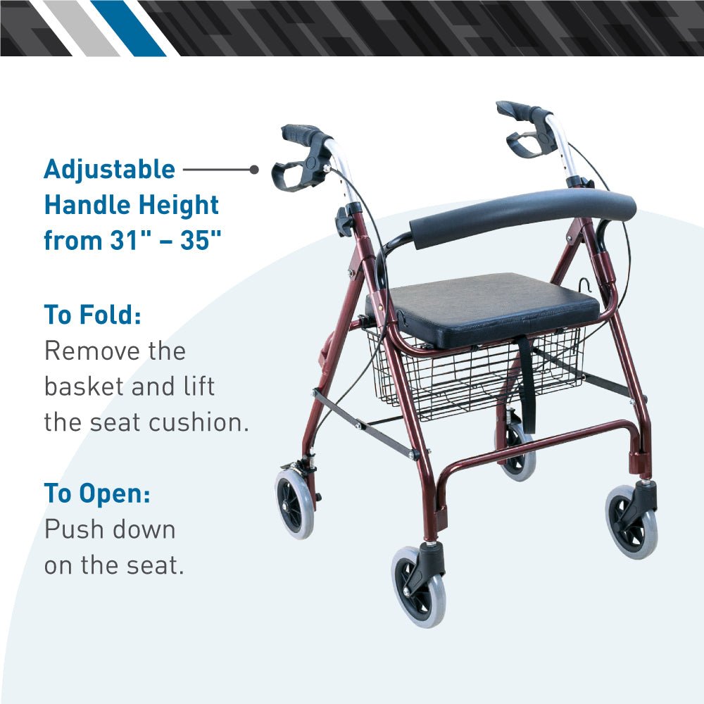 Burgundy rollator walker with adjustable handle height, padded seat, wire storage basket