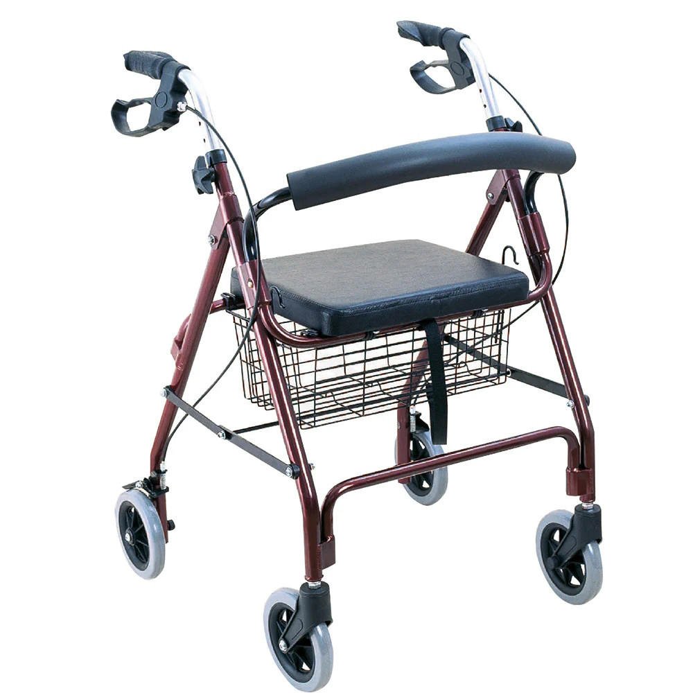 Burgundy rollator walker with padded seat, curved armrests, loop brakes, wire storage basket