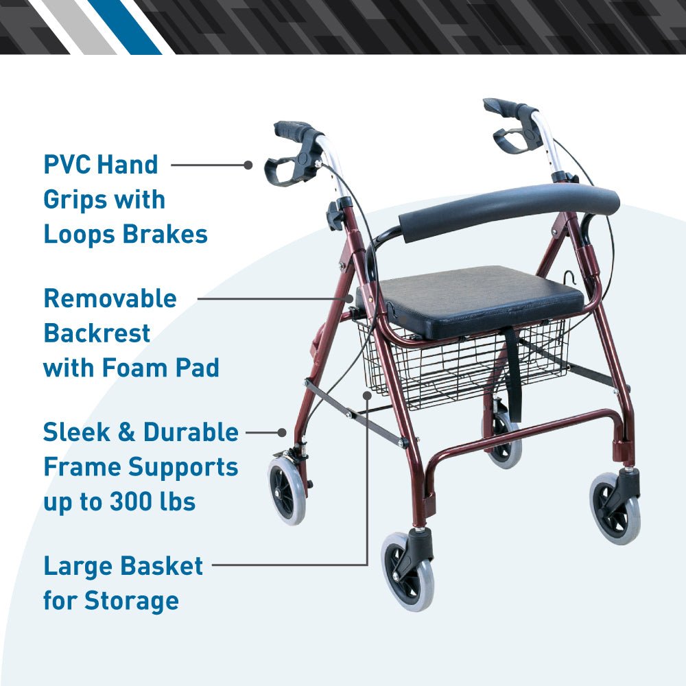 Burgundy rollator with padded seat and removable backrest, loop brakes, wire basket