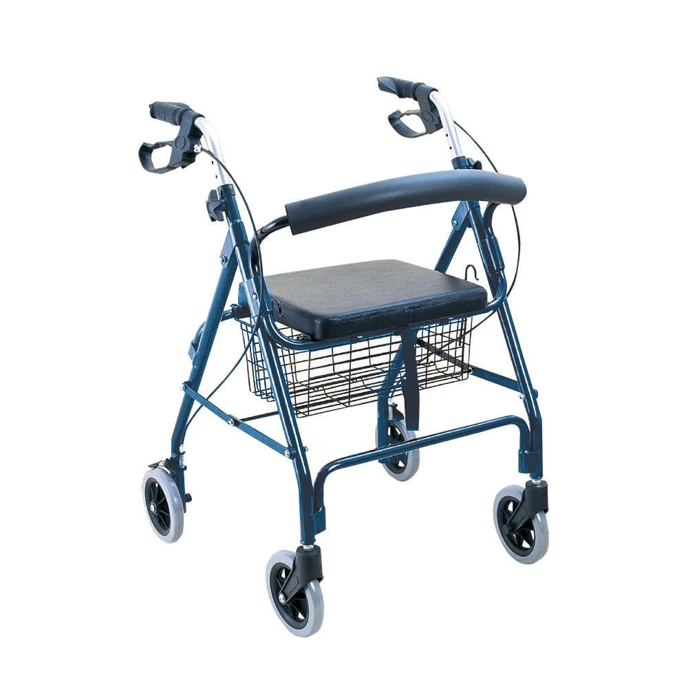 Blue rollator walker with padded seat, curved armrests, loop brakes, wire storage basket