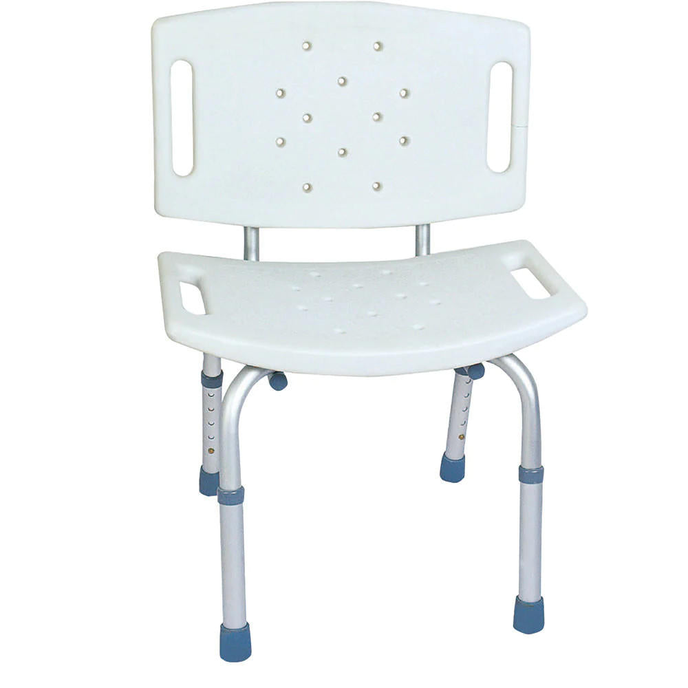 Aluminum shower chair with backrest, white seat and perforated back panel
