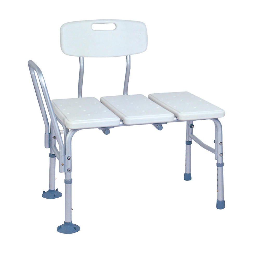 Aluminum transfer bench with padded back, split seat, and left safety arm support