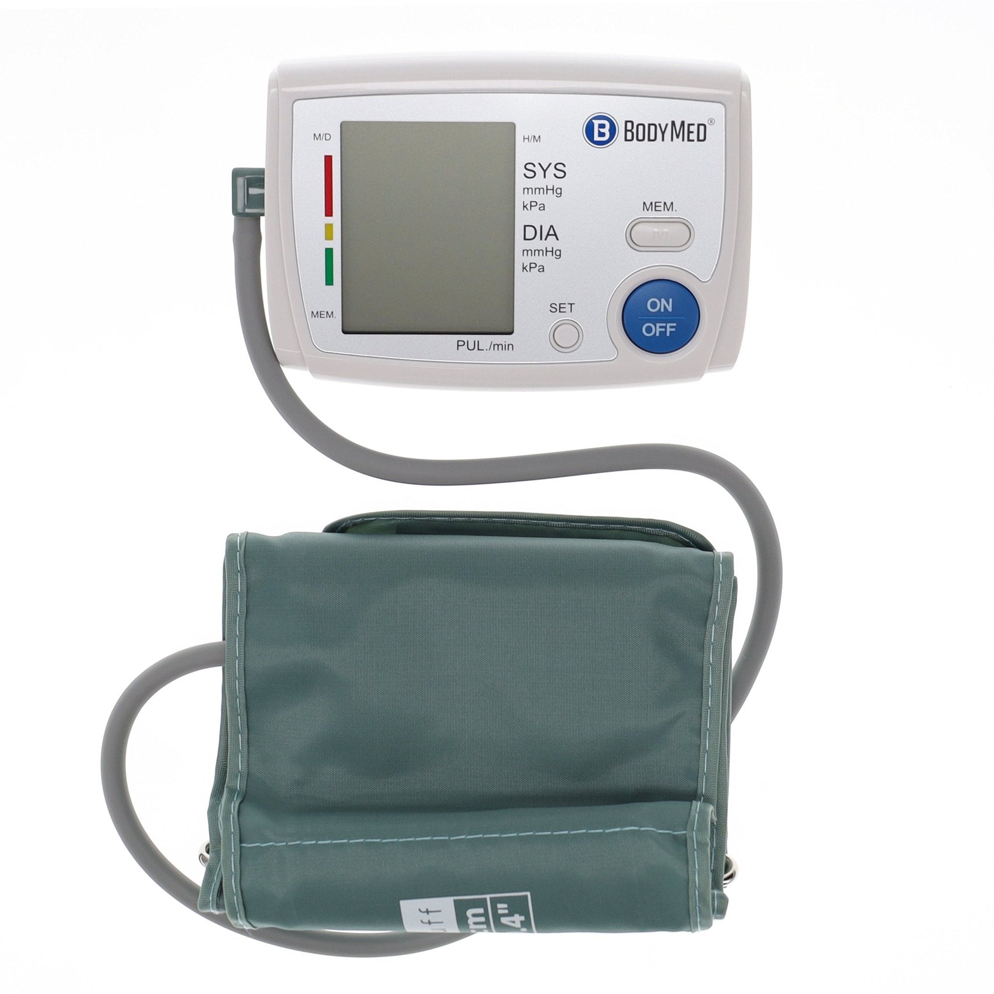 Digital upper-arm BP monitor with teal cuff and LCD showing SYS/DIA