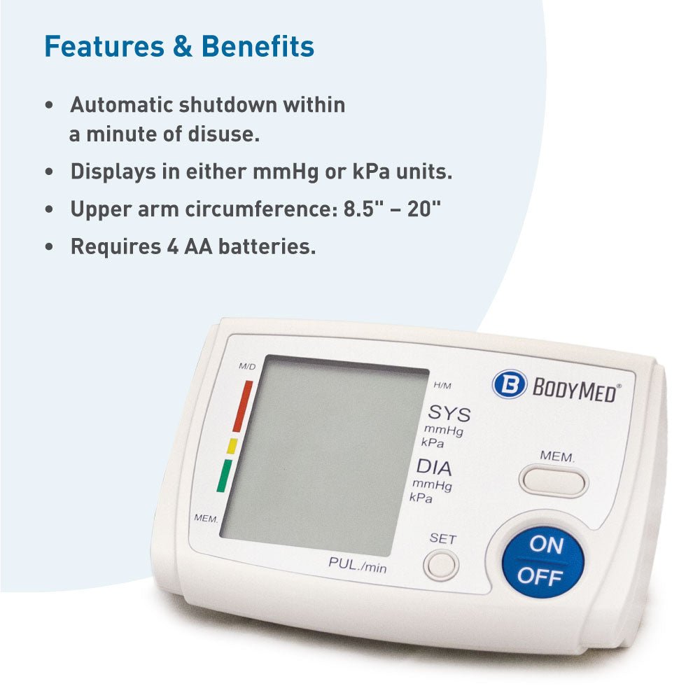 Digital blood pressure monitor base with ON/OFF buttons and LCD screen