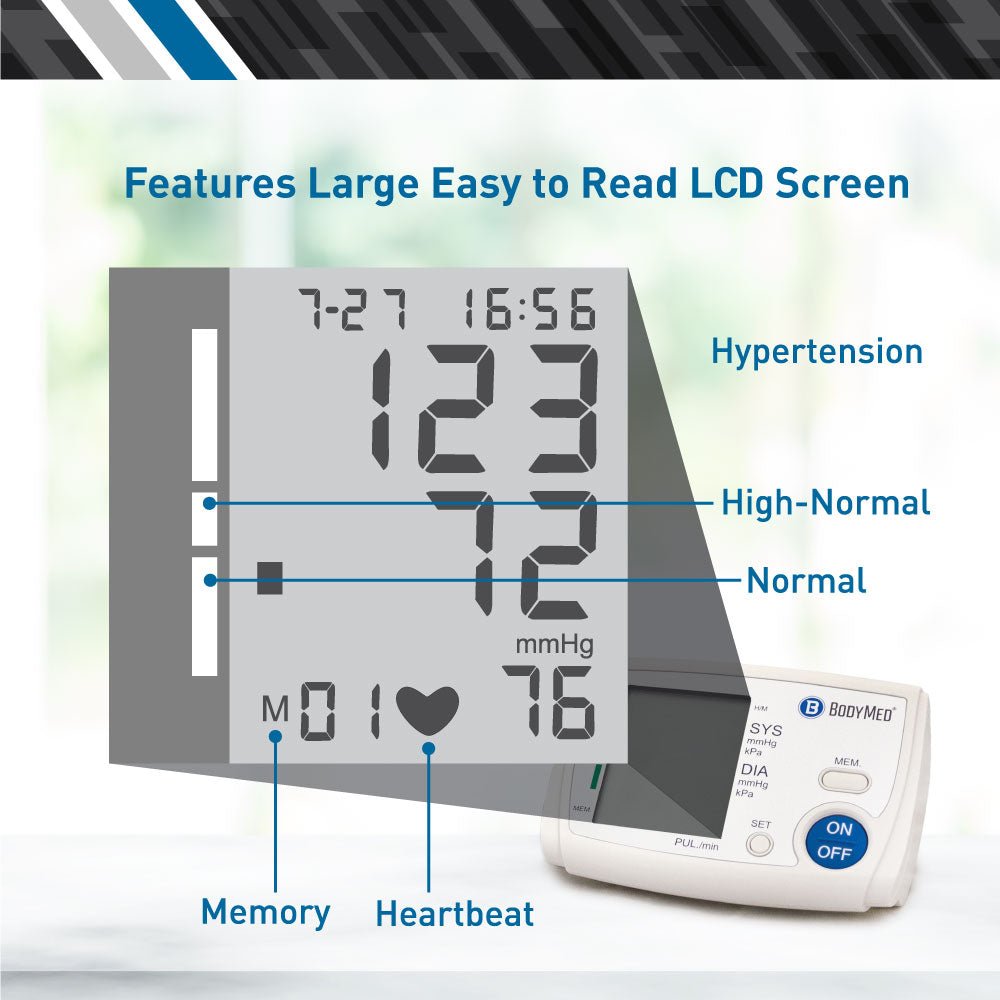 LCD blood pressure display with SYS/DIA readings and heartbeat indicator