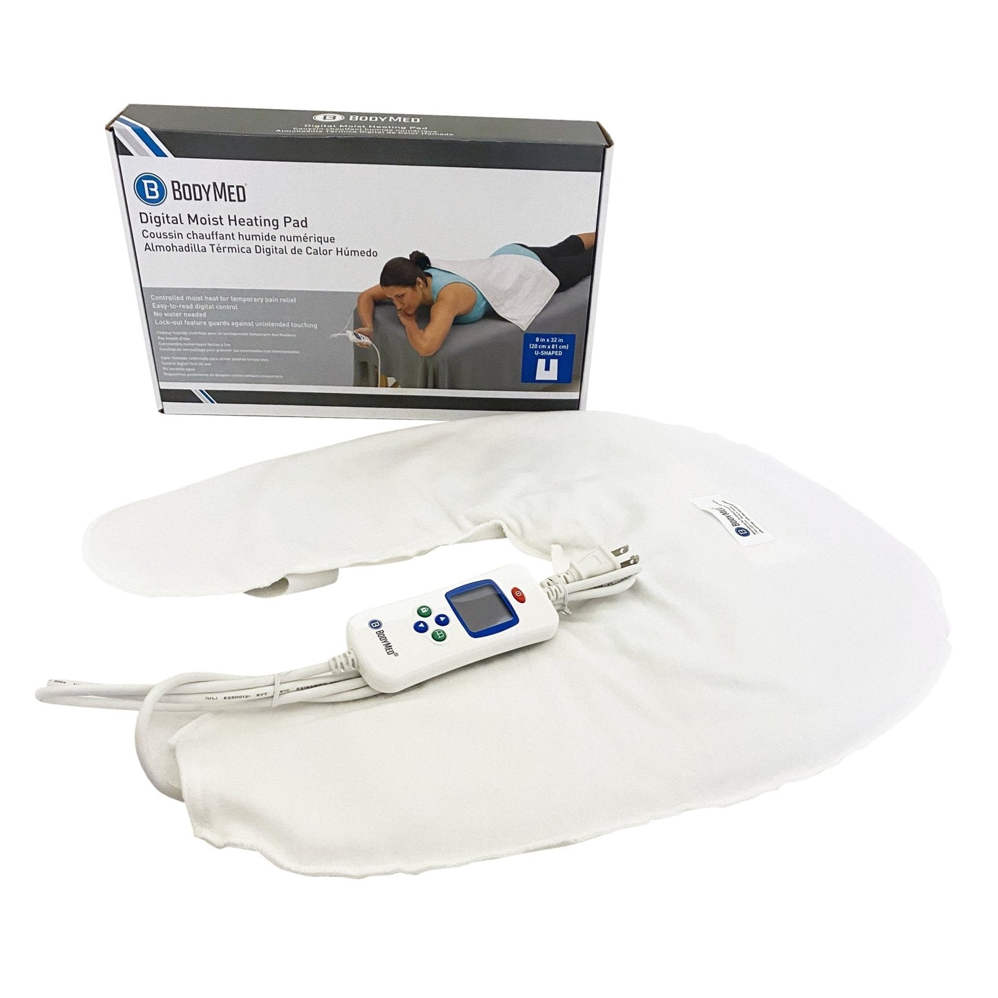 White folded moist heating pad with digital controller featuring LCD screen