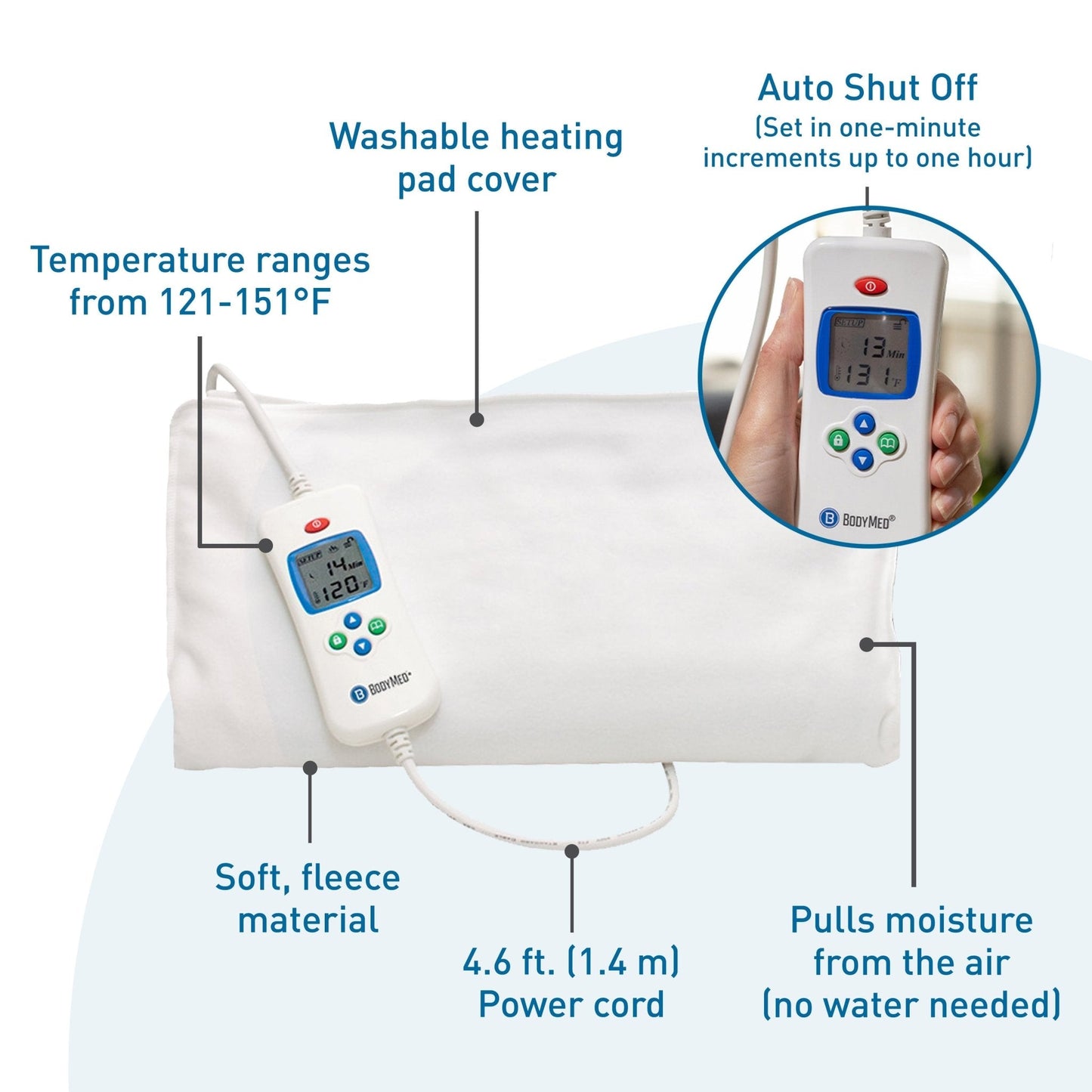 White moist heating pad with controller, showing wash cover and auto shut-off design