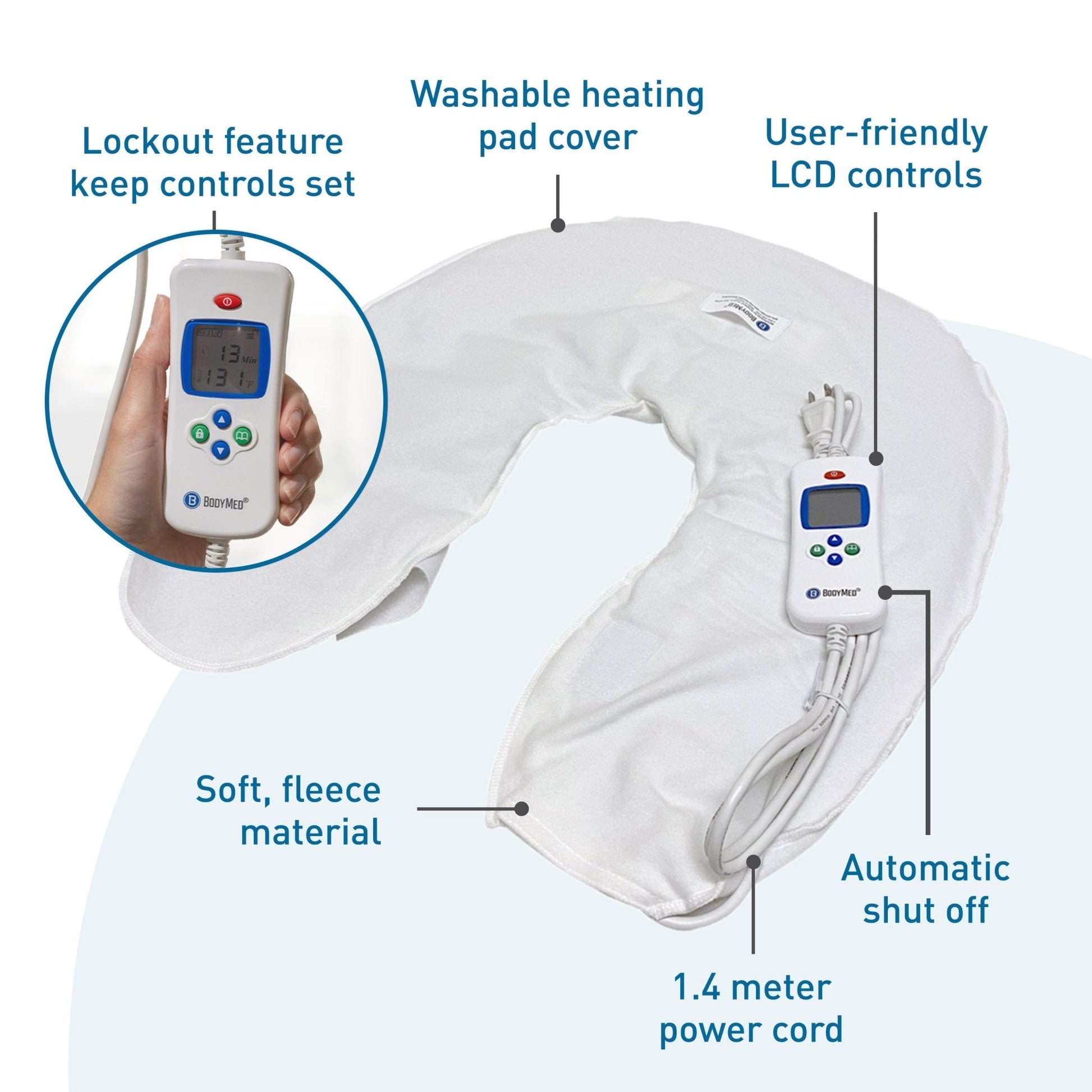 White contoured moist heating pad with connected digital controller and LCD