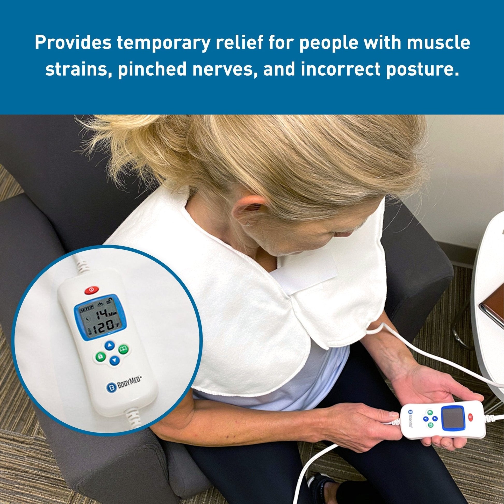 White heating pad with digital controller and cable placed on the user’s shoulders