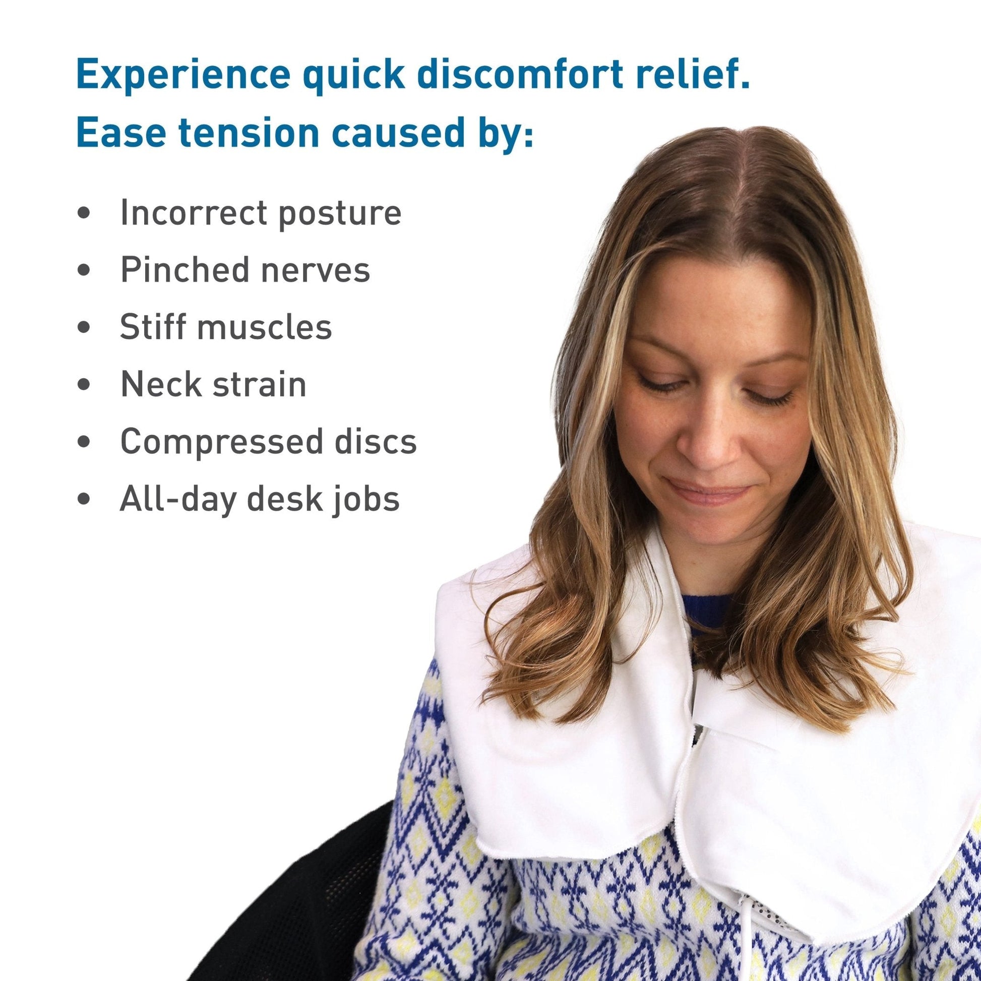 White neck heating pad with connected digital controller on the cable