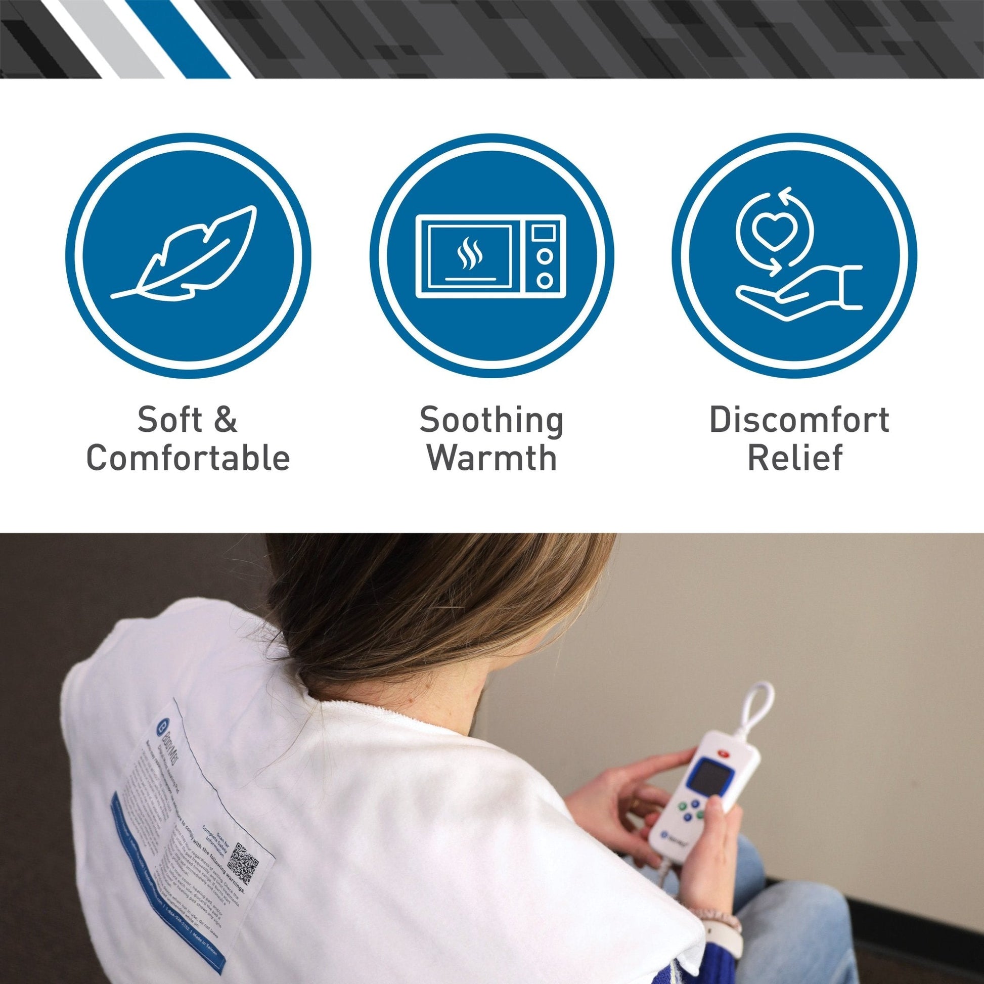 White heating pad controller held near the neck pad for soothing warmth