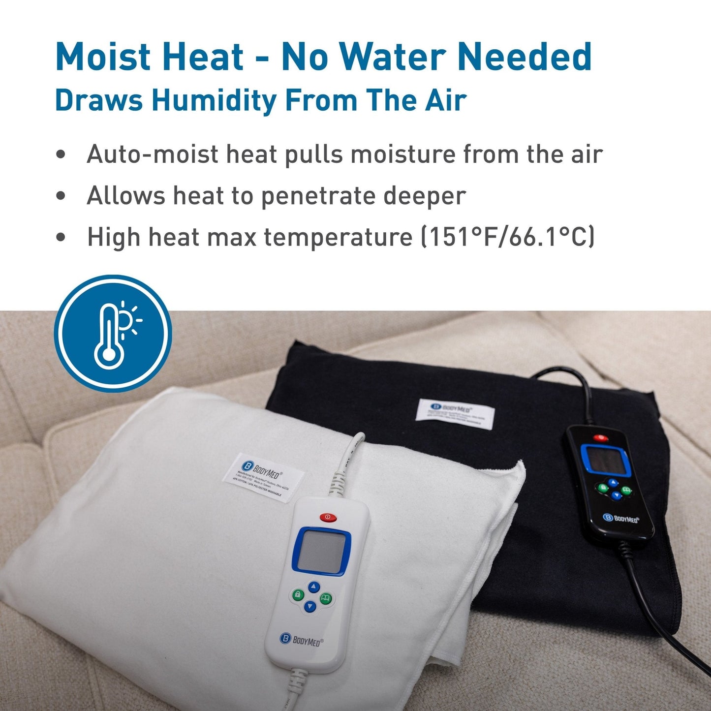 White moist heating pad set with digital controller and remote, plus power cord