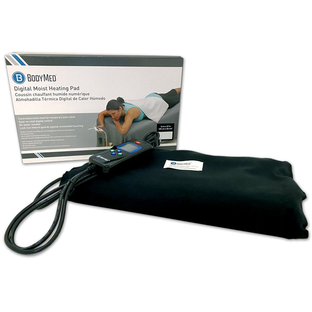 Black moist heating pad with digital controller unit and attached power cables