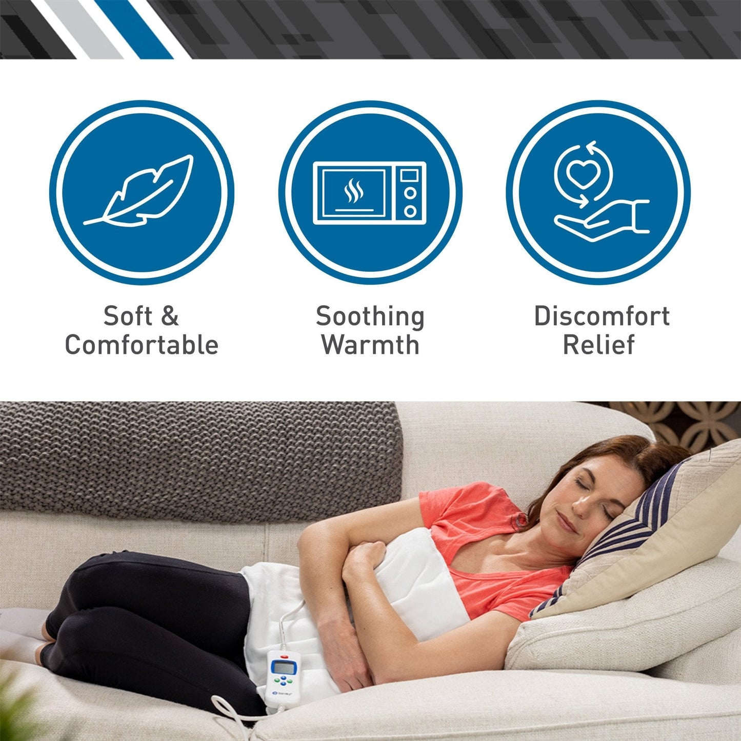 Moist heating pad with handheld digital controller on dark and white pads