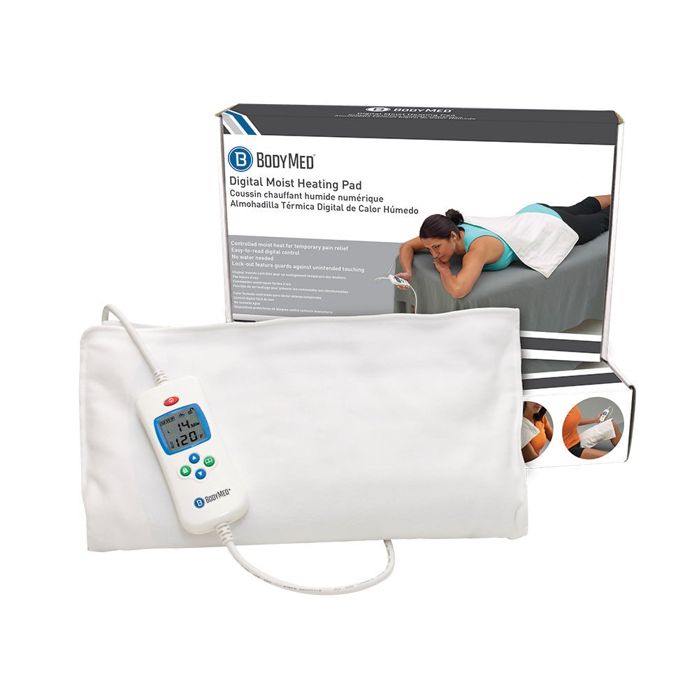White digital moist heating pad with handheld controller and power cord
