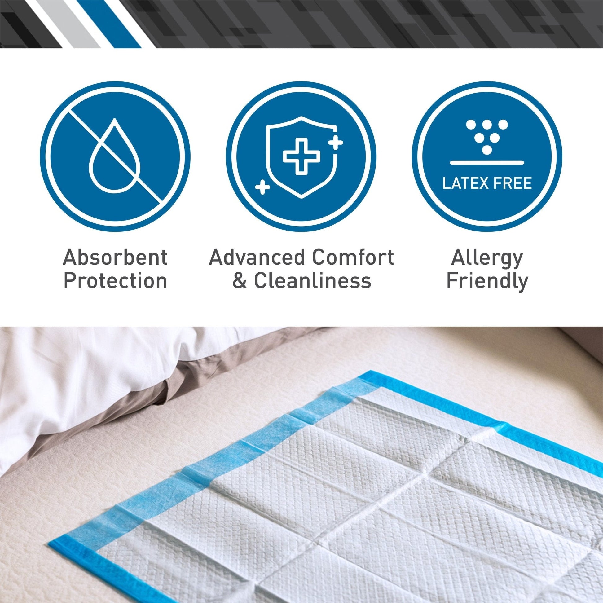 Disposable underpad on bed with blue border; breathable, absorbent, latex-free design