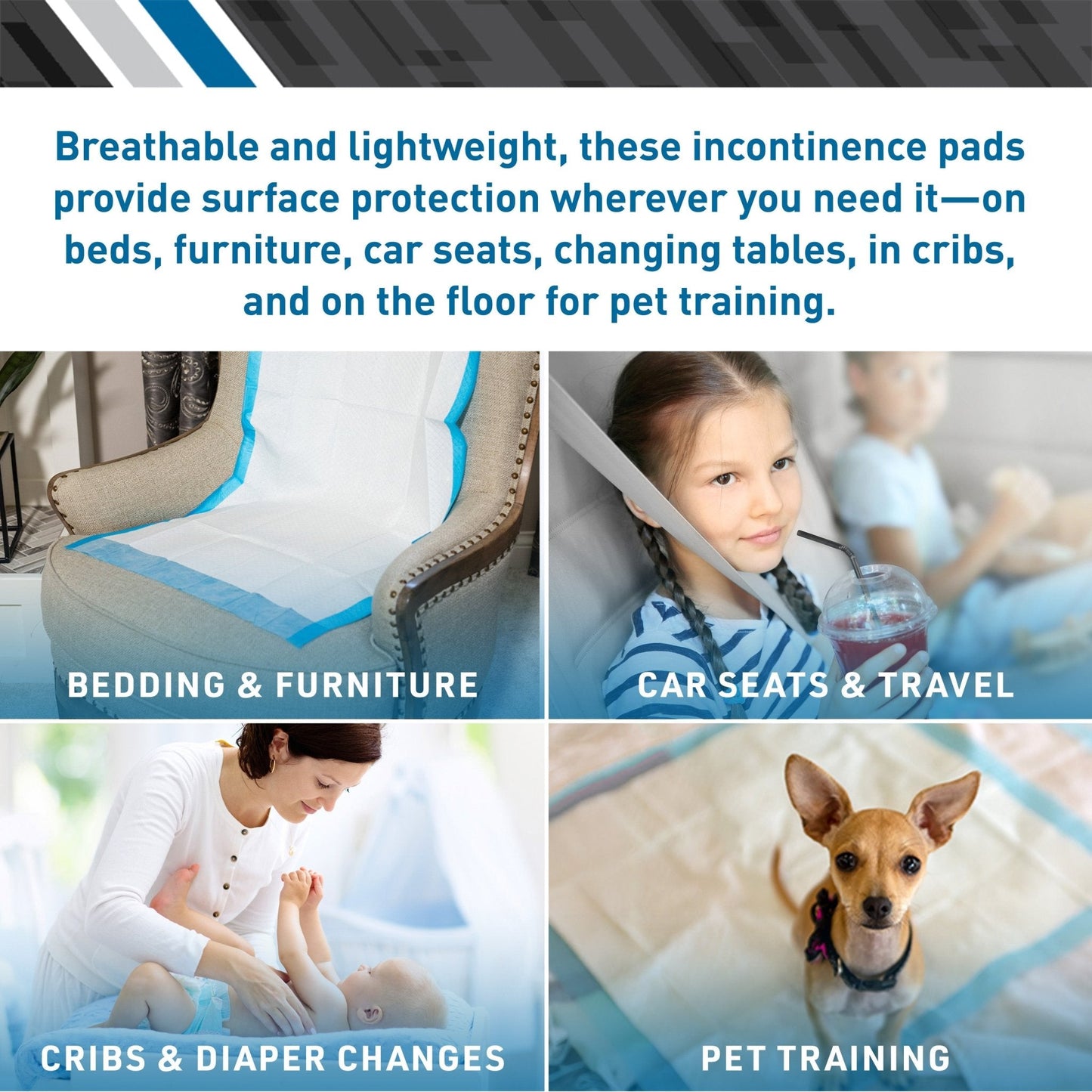 Disposable incontinence pad with white absorbent layer and blue waterproof edge