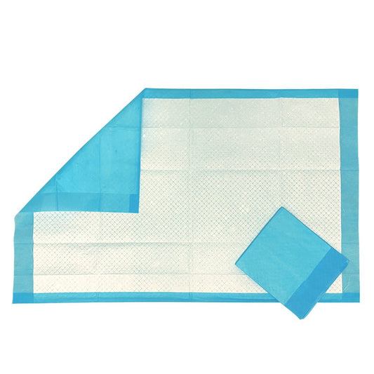 Disposable underpad with blue border and white absorbent top sheet