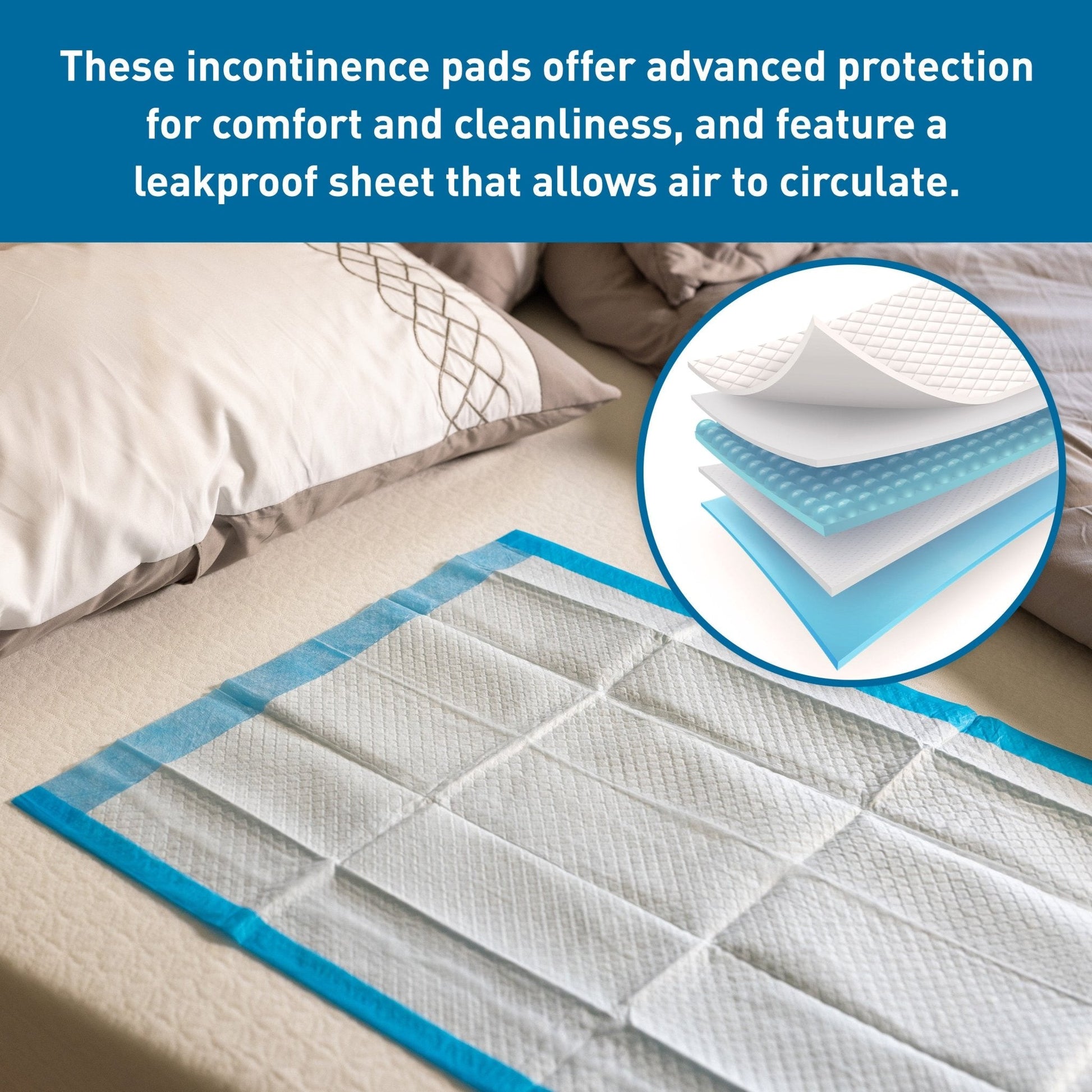 Disposable underpad on flat surface with blue edge and quilted white absorbent sheet