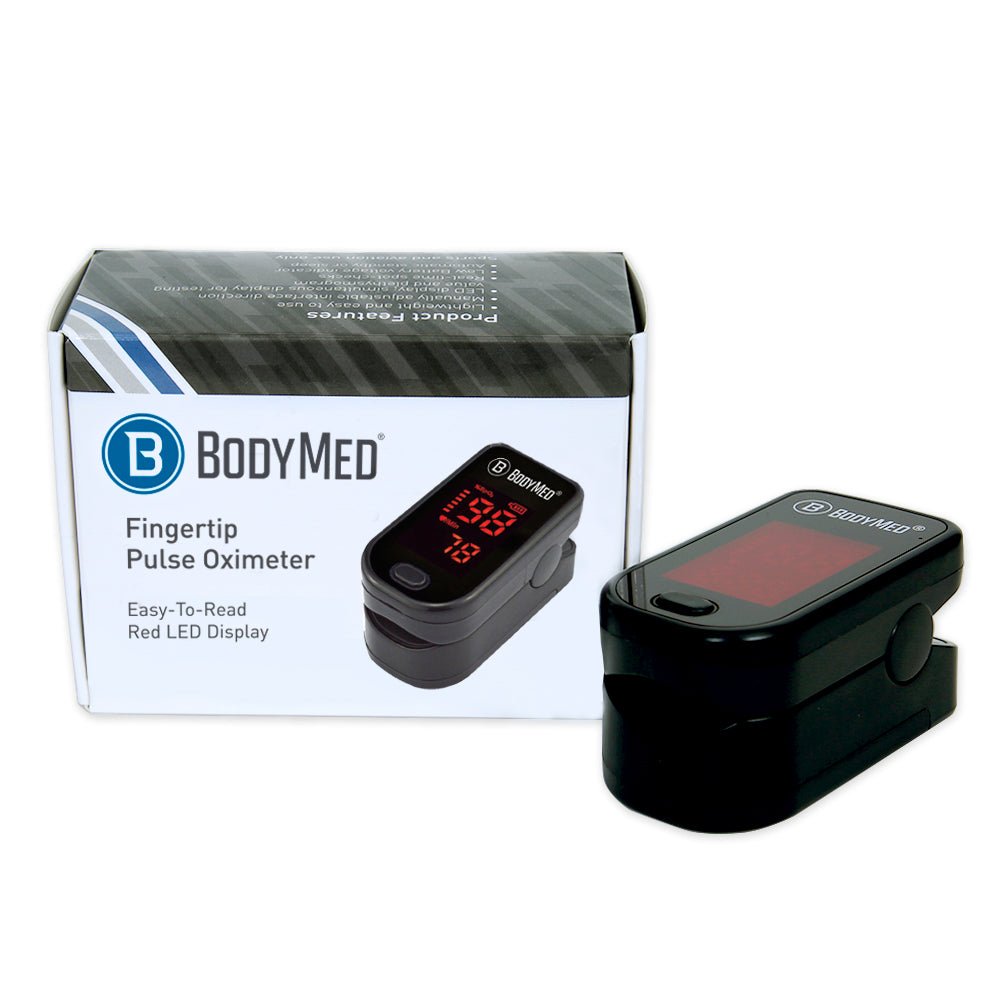 Fingertip pulse oximeter with red LED display, shown with retail box