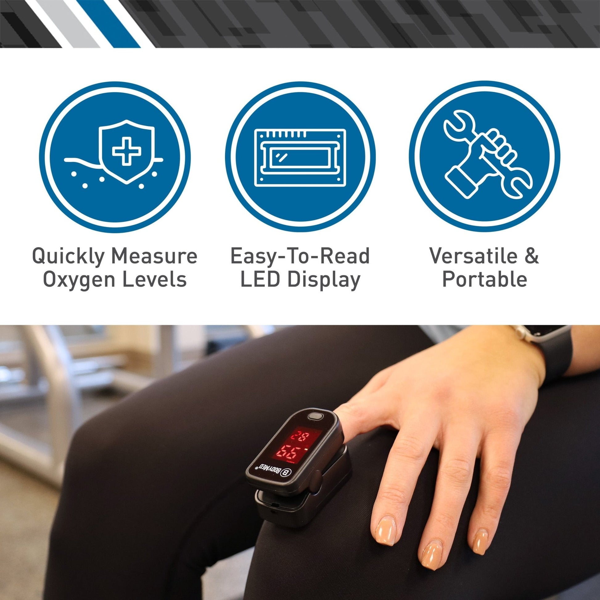 Finger pulse oximeter with red LED readout on a fingertip