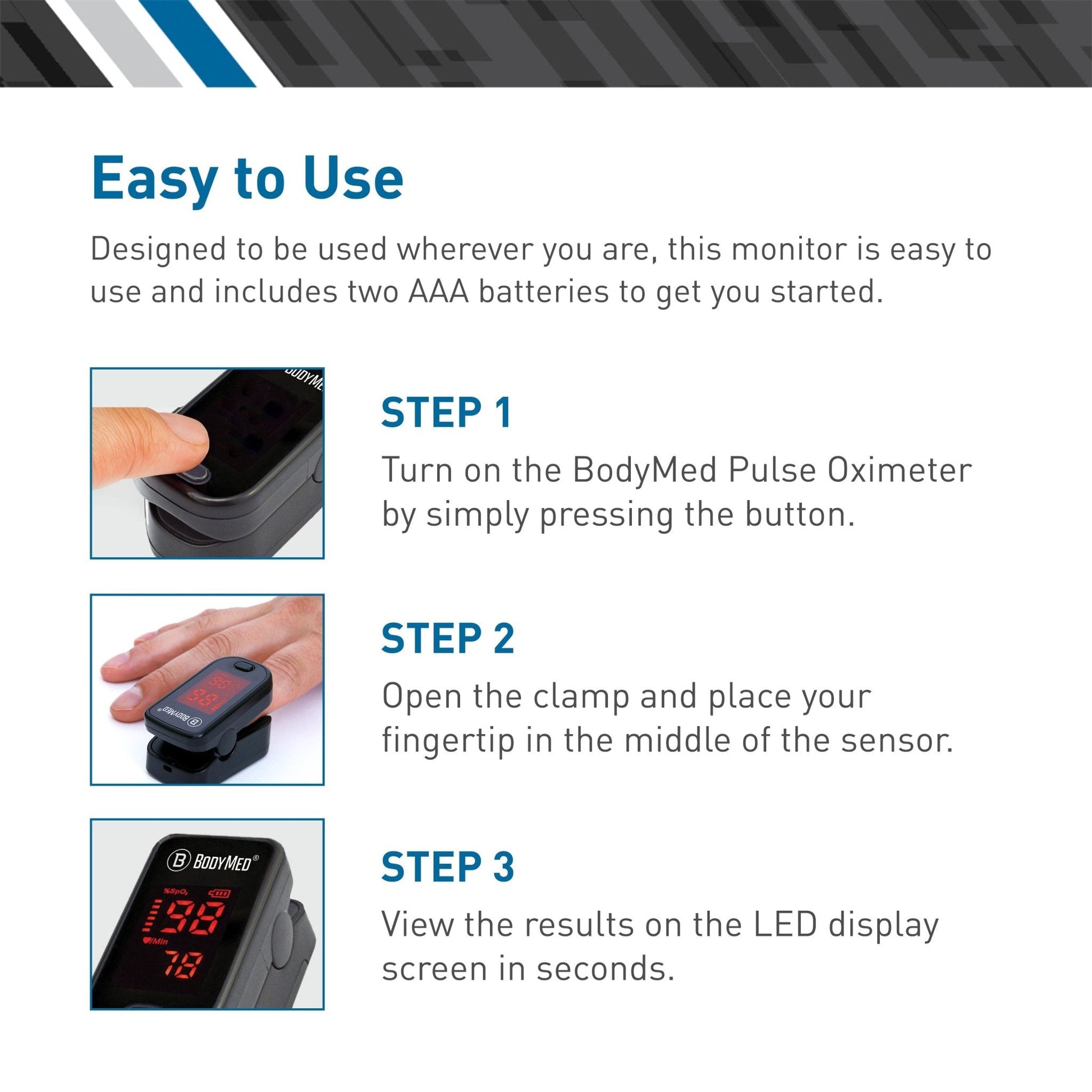 Fingertip pulse oximeter with red LED screen and clamp open for a finger