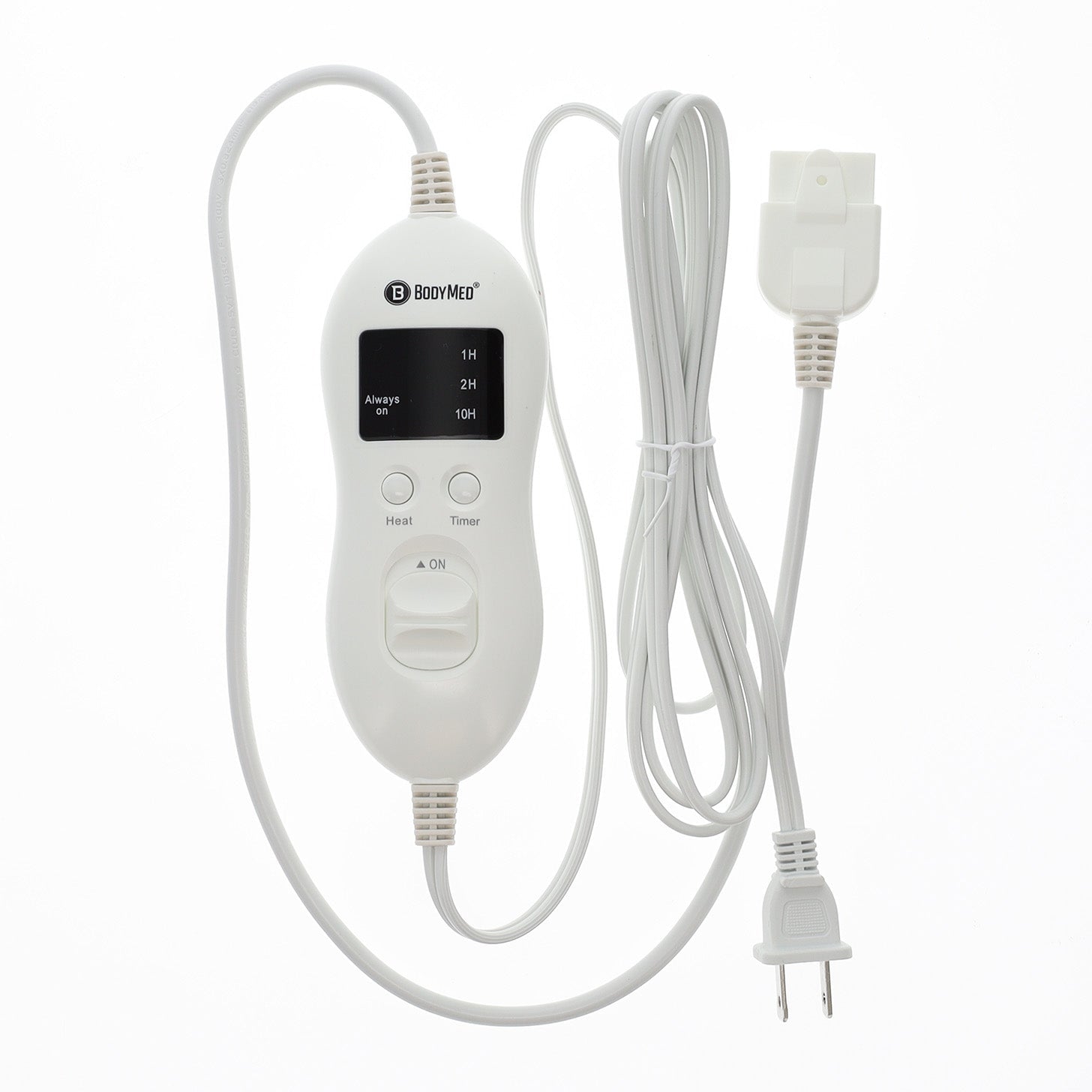 Heated mattress pad controller with heat and timer buttons plus power plug cord