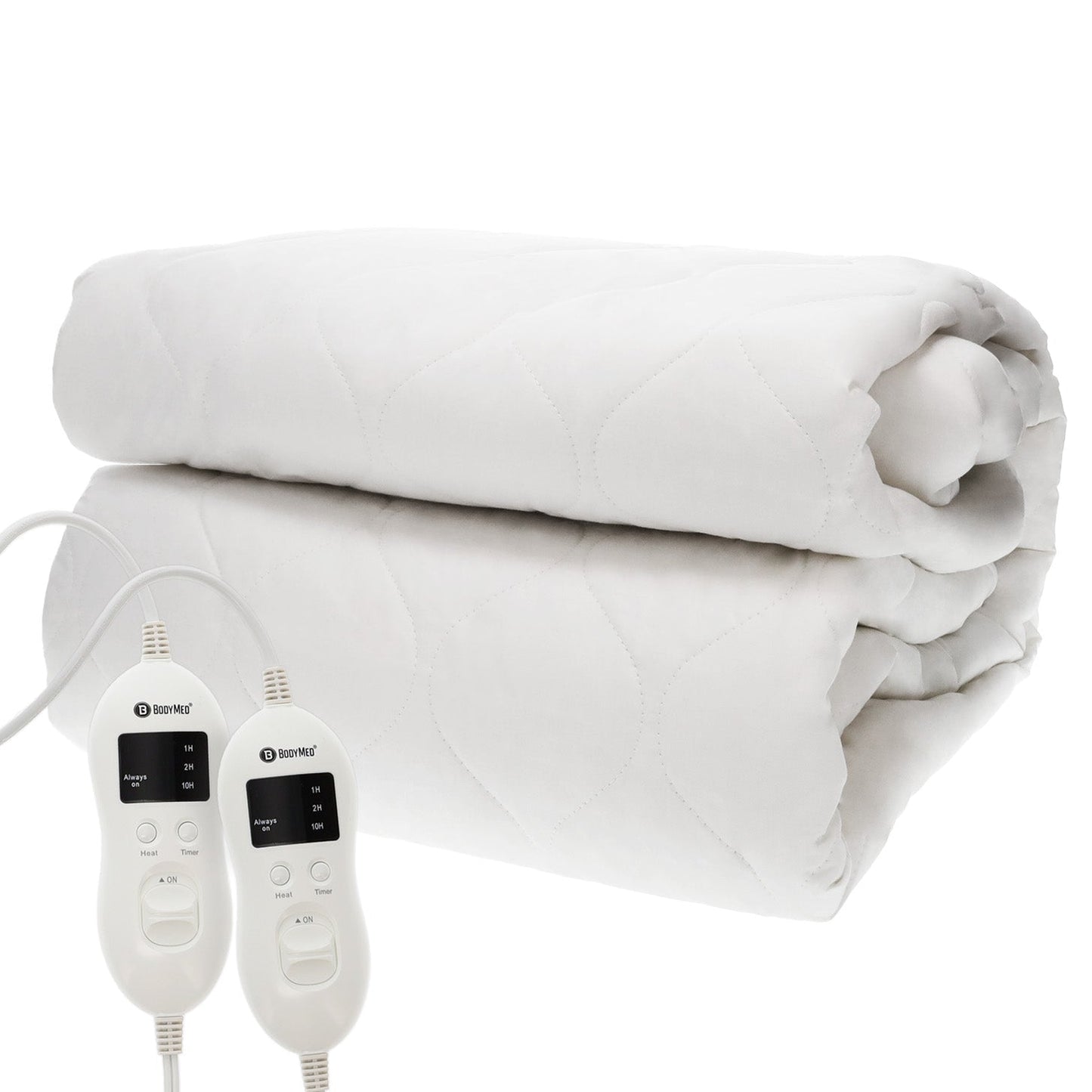 White heated mattress pad with quilted surface and power cord, folded and rolled