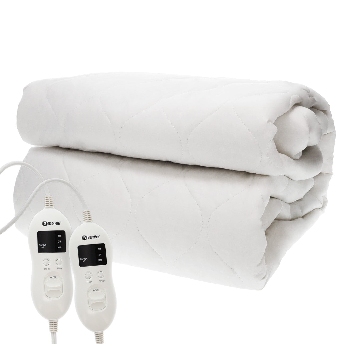 White heated mattress pad with quilted surface and power cord, folded and rolled
