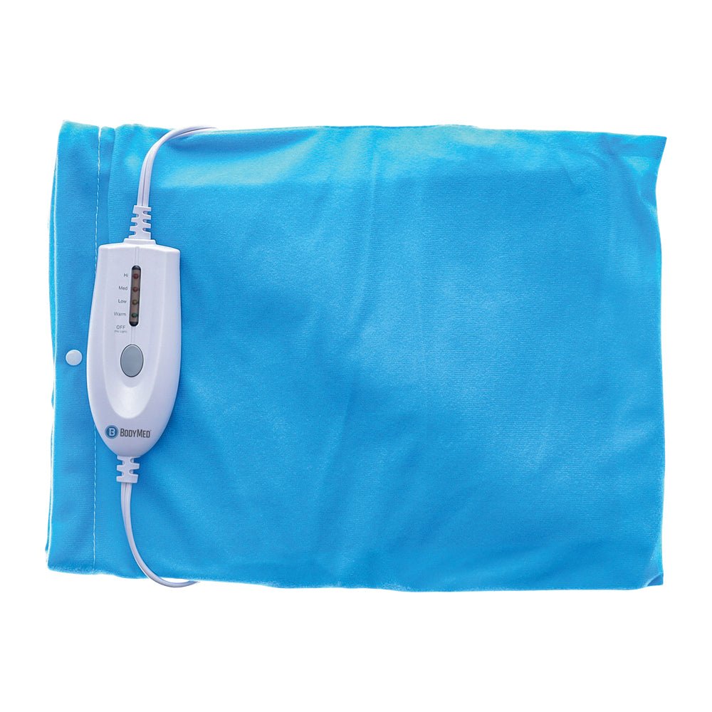 Blue moist and dry LED heating pad with white controller on cable