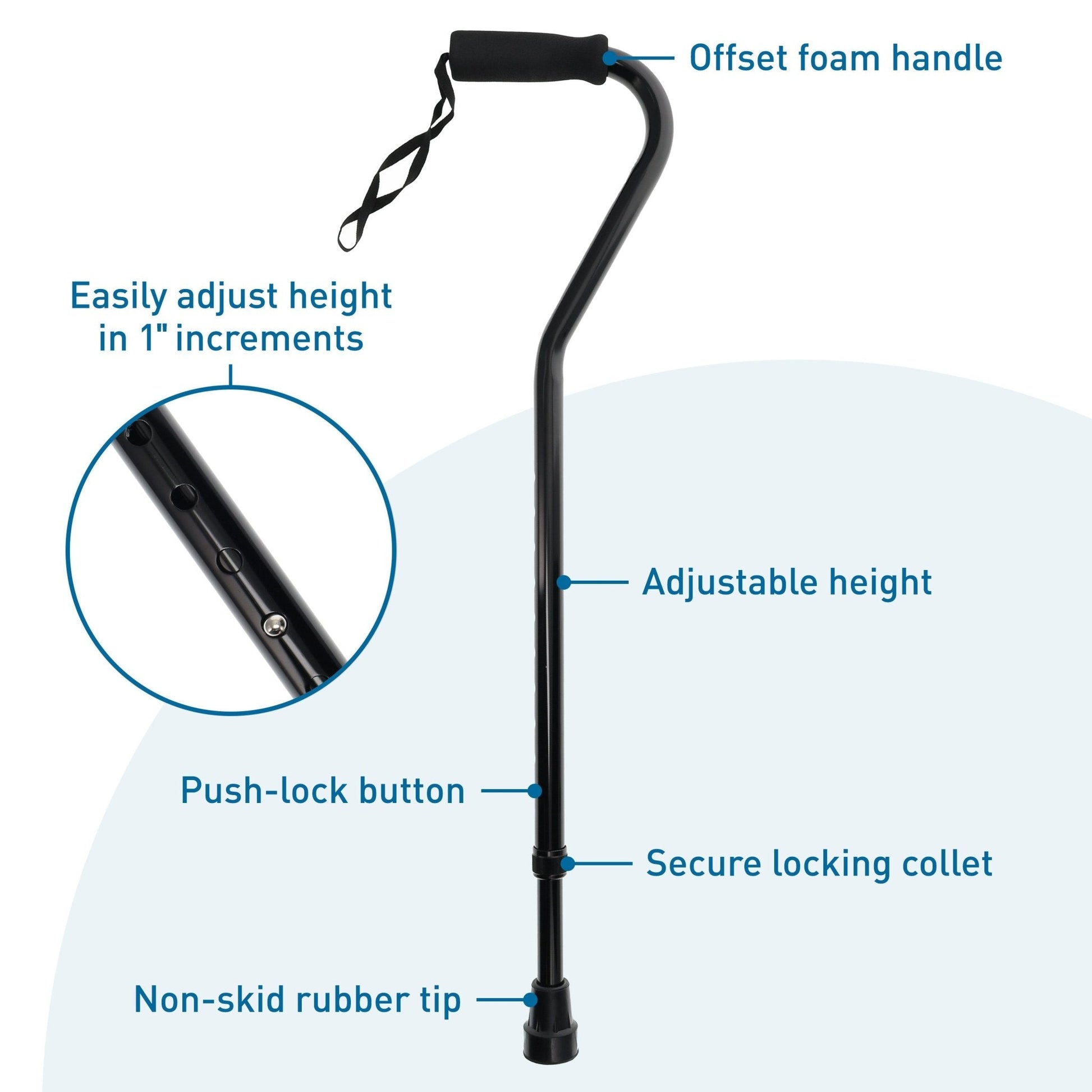 Black aluminum offset cane with adjustable height, foam handle, and non-skid rubber tip by BodyMed, featuring push-lock button and secure collet.