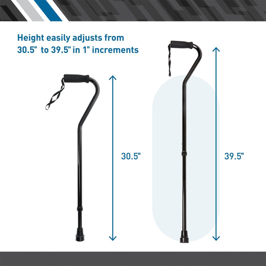 Black aluminum offset cane by BodyMed with adjustable height from 30.5 to 39.5 inches, shown in two positions with grip and wrist strap