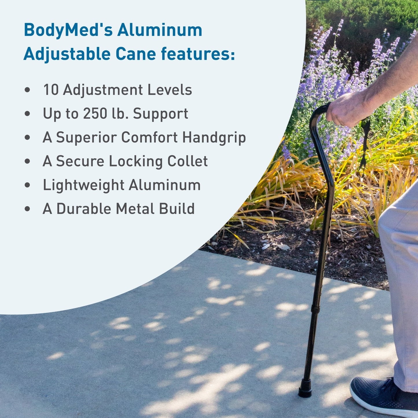 Black aluminum adjustable offset cane by BodyMed, shown in use on pavement with garden background, featuring ergonomic grip and secure locking mechanism