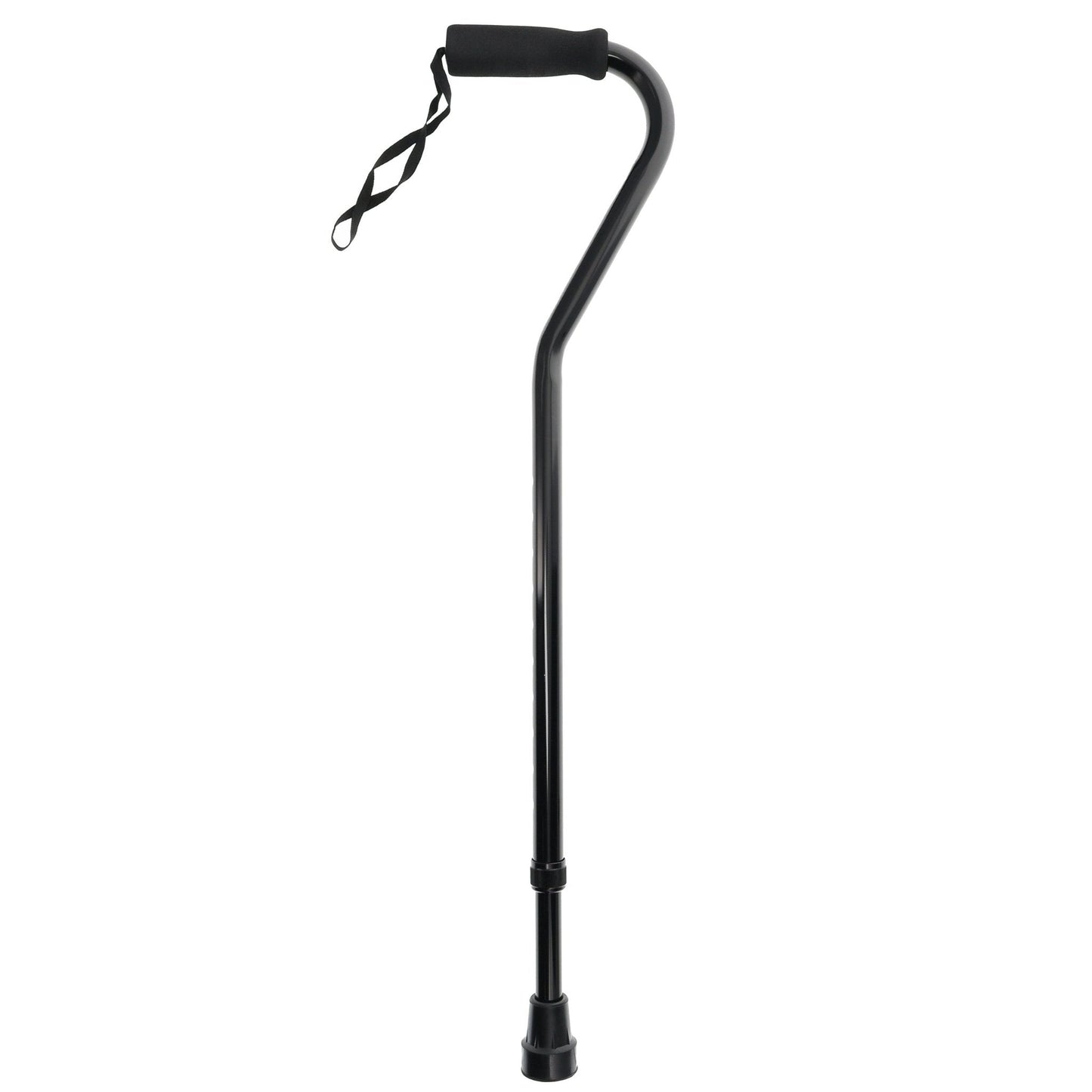 Black aluminum offset cane with adjustable height by BodyMed, featuring ergonomic foam grip and wrist strap, shown front view.