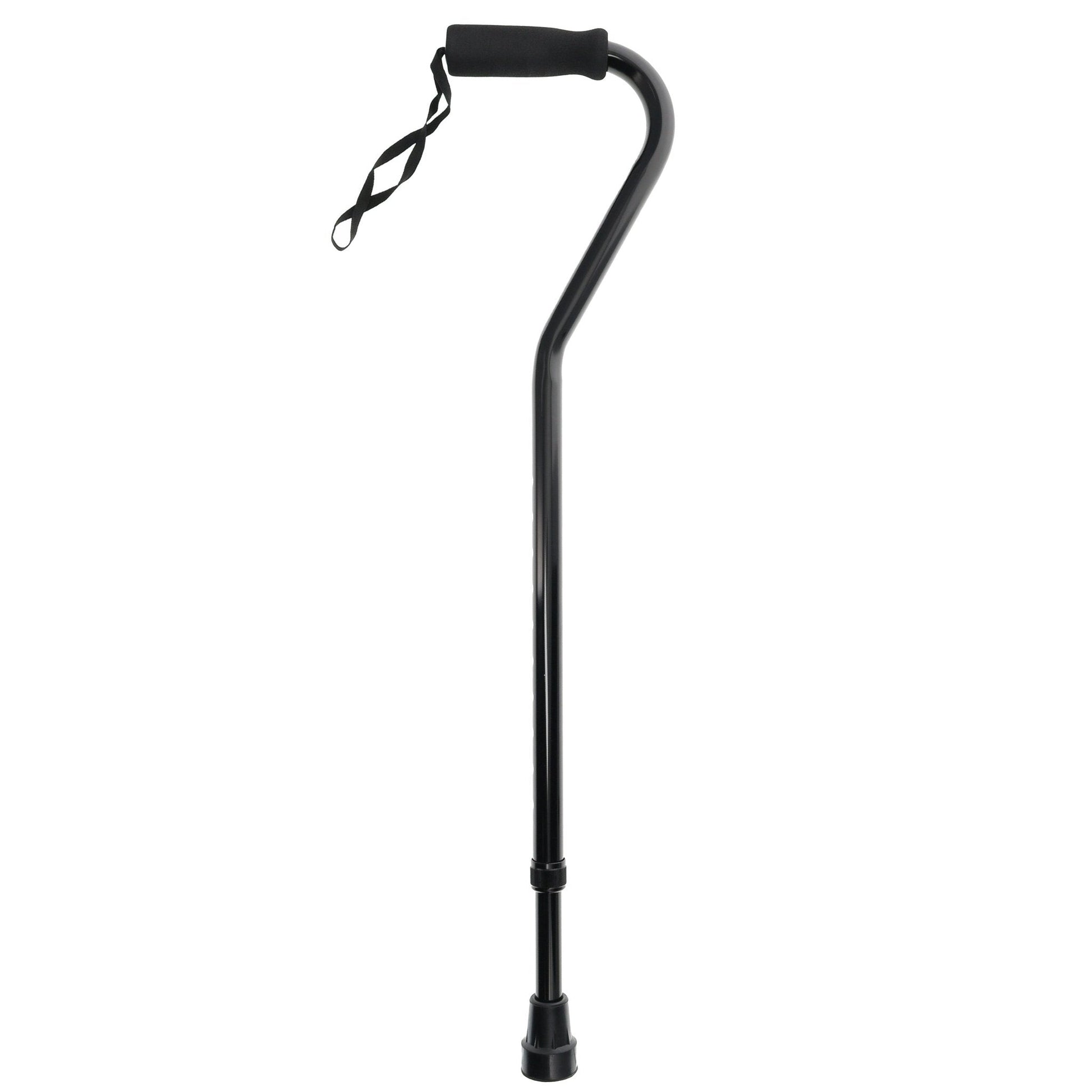 Black aluminum offset cane with adjustable height by BodyMed, featuring ergonomic foam grip and wrist strap, shown front view.