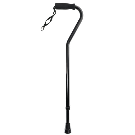 Black aluminum offset cane with adjustable height by BodyMed, featuring ergonomic foam grip and wrist strap, shown front view.