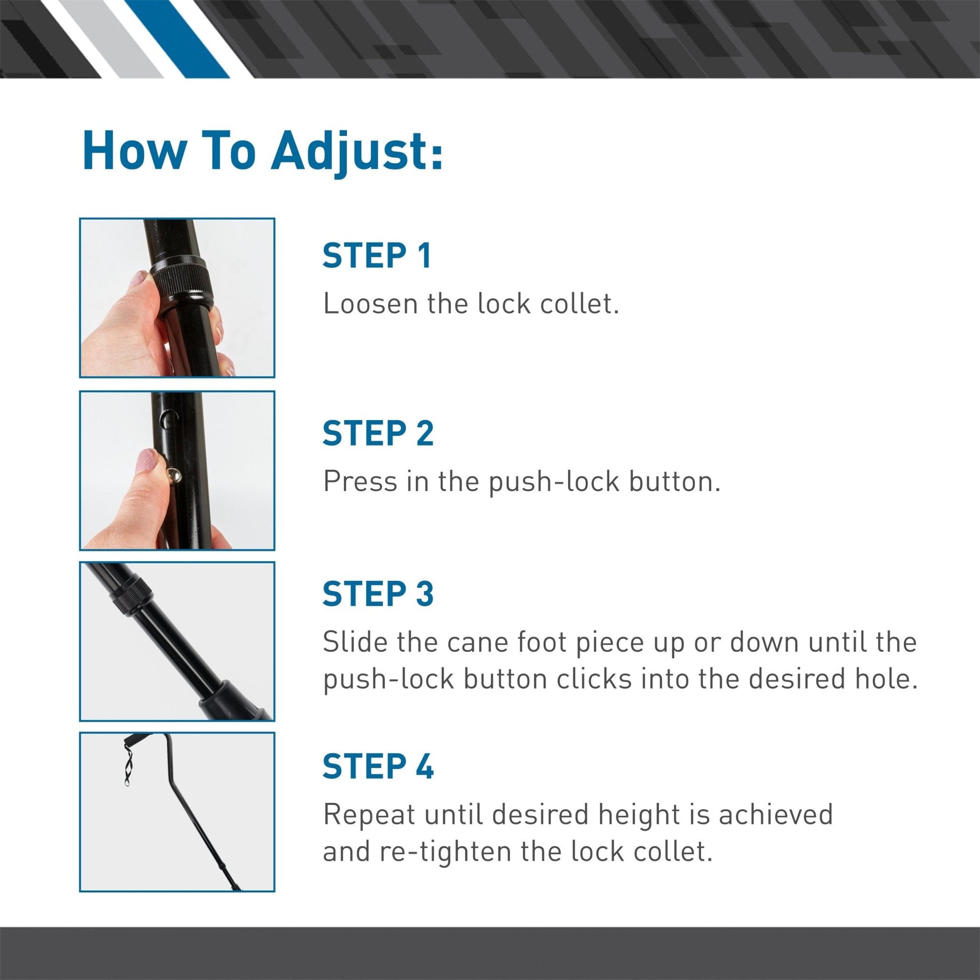 Black aluminum offset cane by BodyMed with adjustable height, featuring push-lock button and lock collet, shown in close-up instructional steps.
