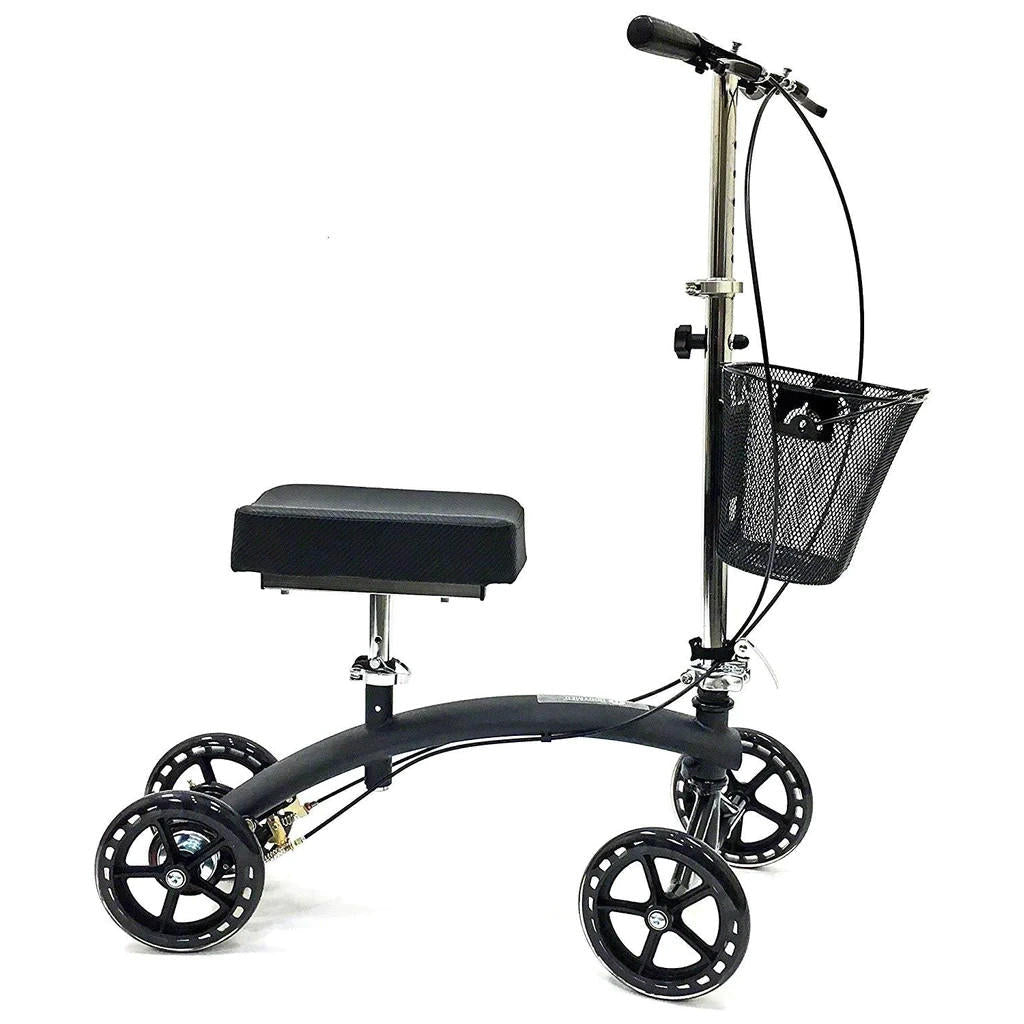 Premium knee walker with padded knee platform, black frame, and front storage basket