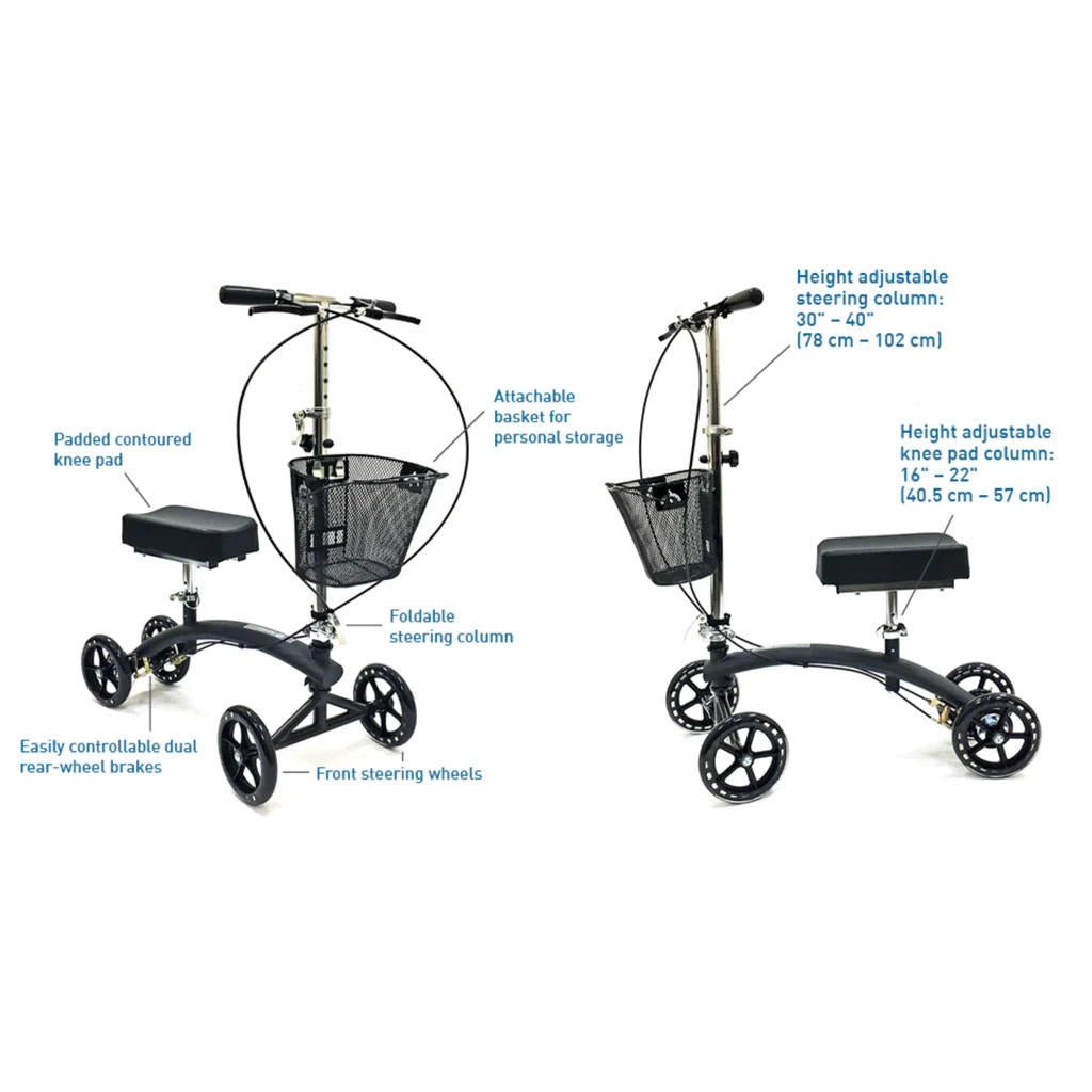 Knee walker with padded knee pad, front steering wheels, rear dual brakes, foldable column