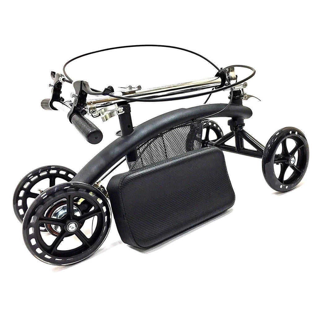 Knee walker side view with padded knee pad, black mesh basket, and four large wheels