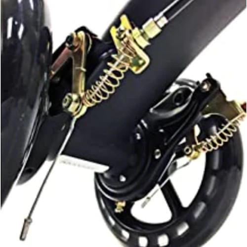 Knee walker frame with front wheel and steering handle, visible springs and brackets