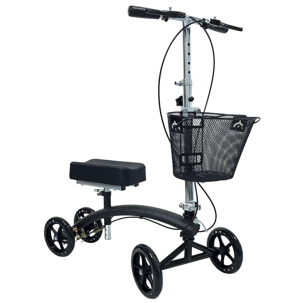 Knee walker with adjustable handlebar and front mesh storage basket, black frame and wheels