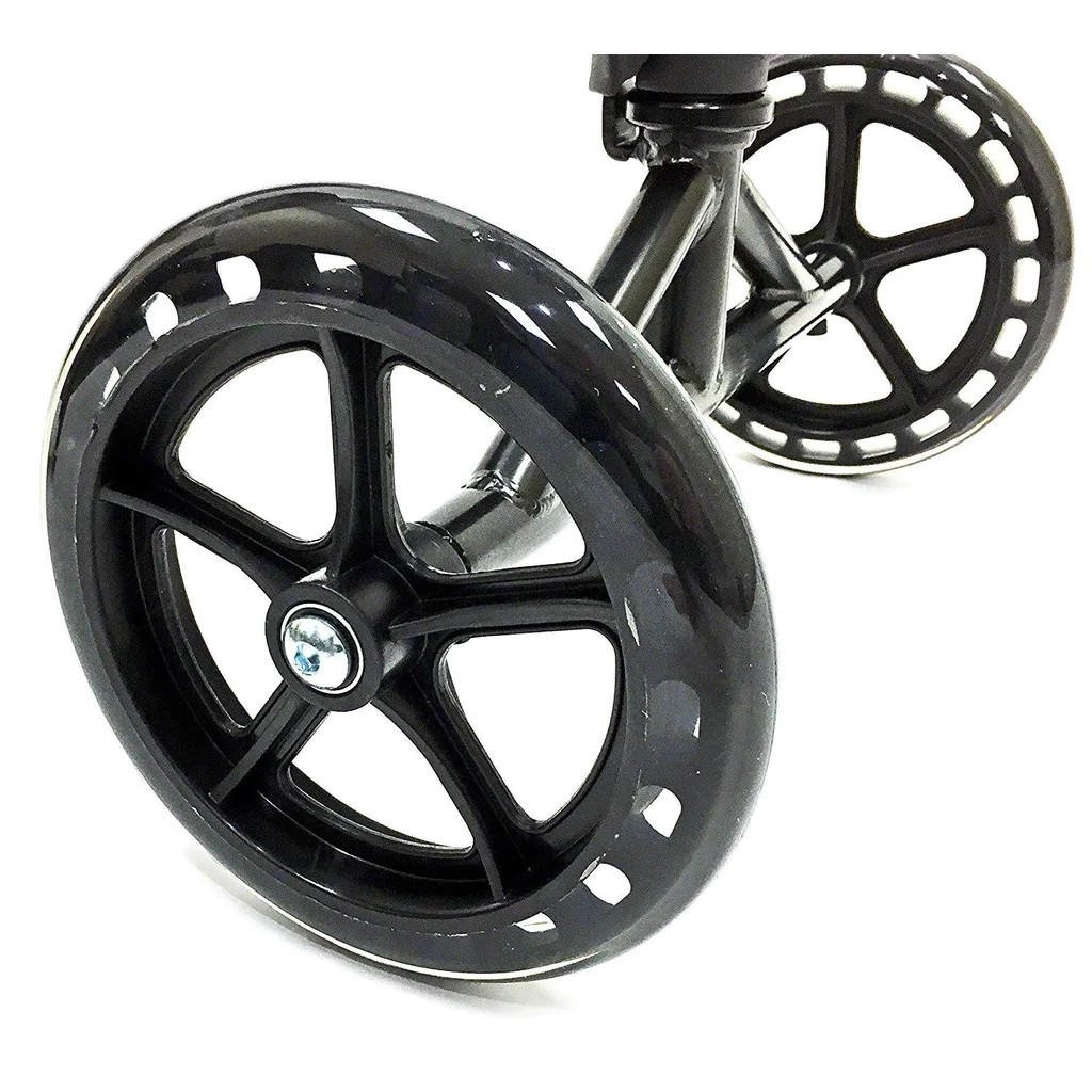 Knee walker wheel detail with black multi-spoke wheel cover and fork-mounted stem