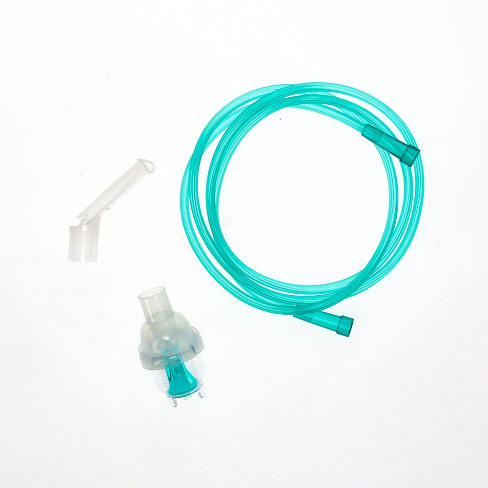 Reusable nebulizer kit with turquoise tubing, mouthpiece, and connectors